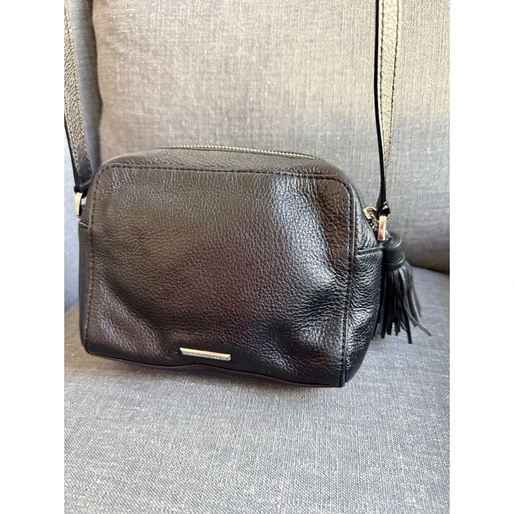 Rebecca Minkoff Black Leather Crossbody Bag Pebbled Small Tassel Zipper Closure